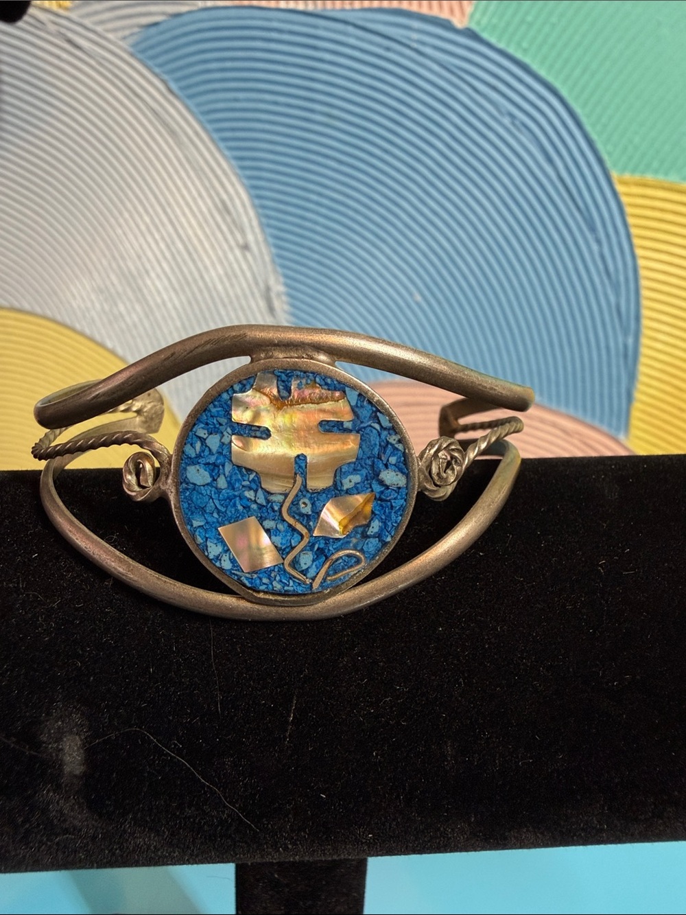 Vintage Mexico 925 Sterling Inlay Mother of Pearl Turquoise Cuff Bracelet flower
